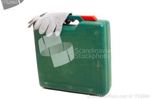 Image of tool box with gloves isolated on white