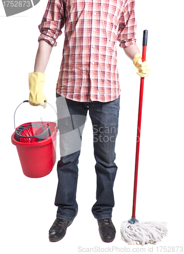 Image of man holding a bucket and mop