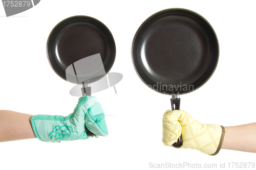 Image of two hands in gloves holding pan's