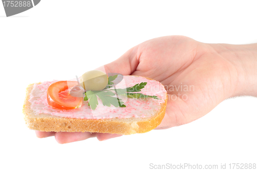 Image of hand holding toast with fish caviar cream