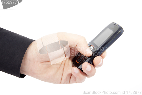 Image of businessmen holds mobile phone.