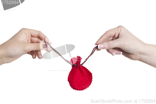 Image of two woman hands hold Christmas gift bag