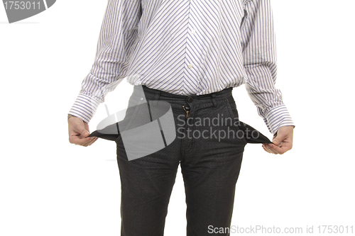 Image of businessman showing the pocket of his pants empty