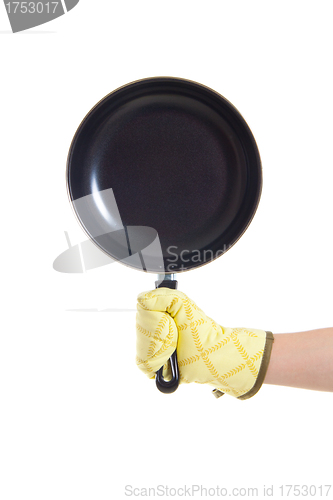 Image of hand in gloves holding pan