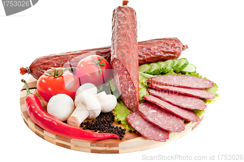 Image of sliced sausage with vegetables and red papper
