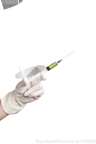 Image of Hand holding syringe isolated on white