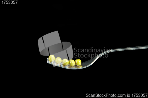 Image of Fresh green peas on a silver fork
