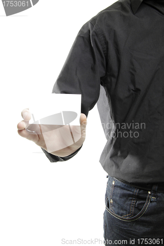 Image of man holding a blank card isolated