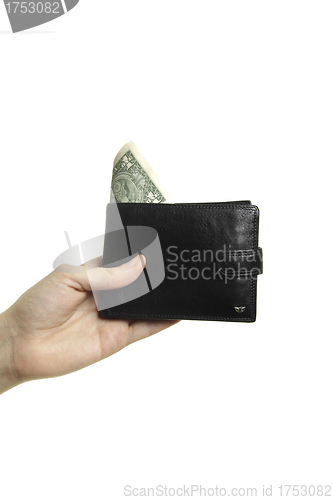 Image of hand holding purse with dollar isolated