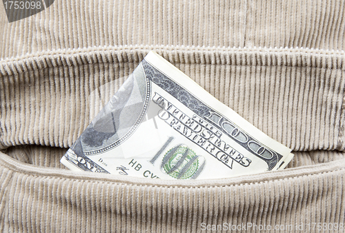 Image of Close-up of hundred dollar bill in pocket