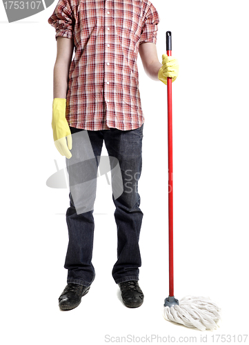 Image of man holding mop in gloves isolated