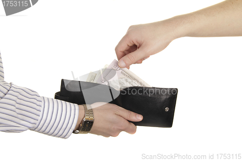 Image of man take 50 dollars from purse of his partner