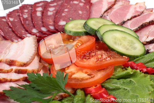 Image of various sliced sausages with vegetables