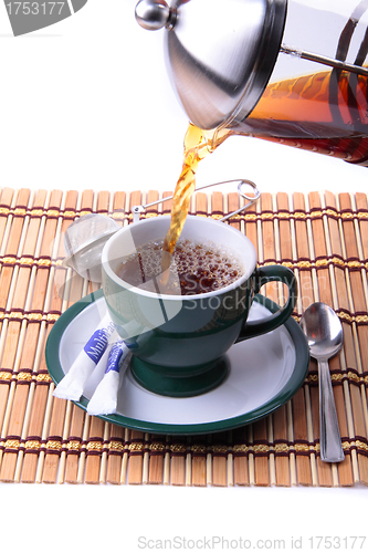 Image of Pouring fresh  tea kettle into green cup