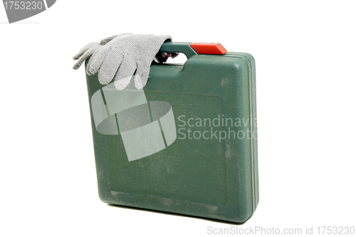Image of tool box with gloves isolated on white