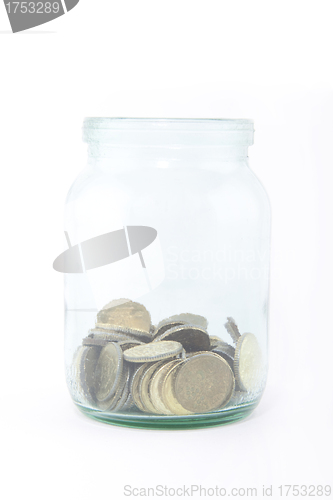 Image of coins in glass savings or tips bottle