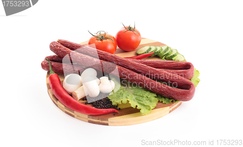 Image of sausage with salad and spices