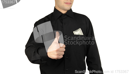 Image of Businessman with money in pocket showing okay sign