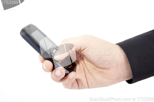 Image of businessmen holds mobile phone.