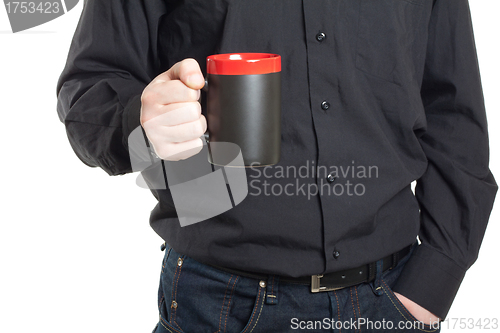 Image of Businessman hand holding a cup of coffee on white