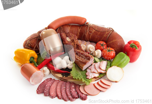 Image of sliced sausages with vegetables and red papper