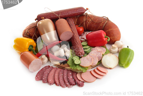 Image of sliced sausages with vegetables and red papper