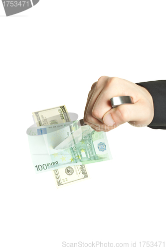 Image of man knifed euro and dollar isolated