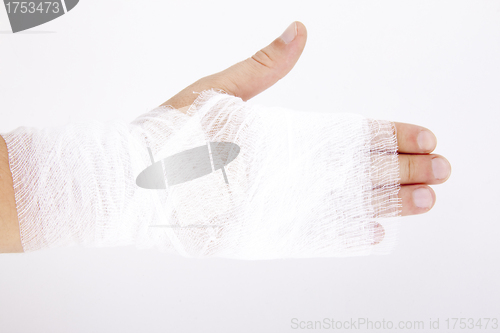 Image of bandaged hand on white background