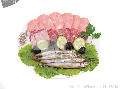 Image of meat and fish on plate