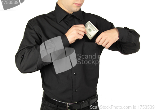 Image of Businessman putting money in shirts' pocket