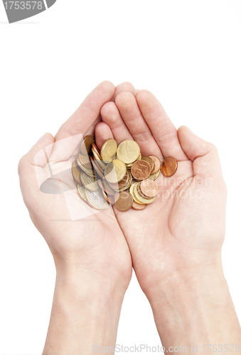 Image of Male hands holding coins isolated on white
