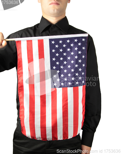 Image of Businessman in black suit holding a flag