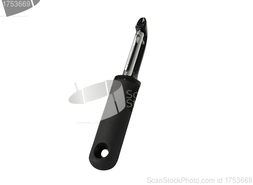 Image of black plastic vegetable peeler isolated on white