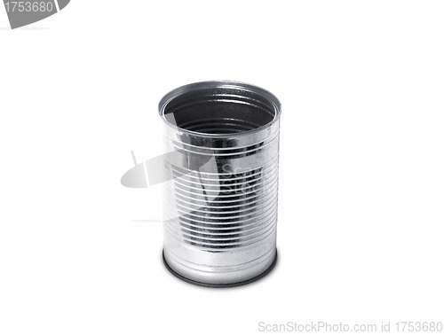 Image of Empty open tin can without label isolated on white.