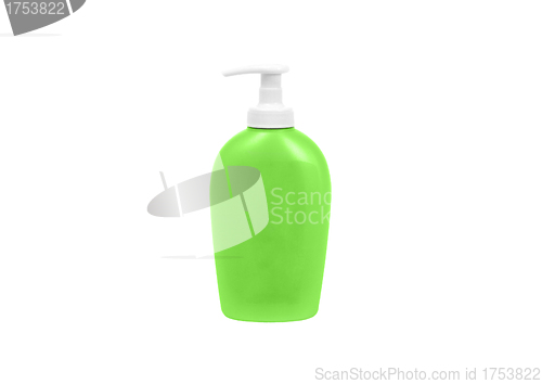Image of Plastic Bottle with green liquid soap on a white background