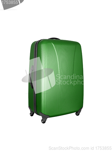 Image of green convenient suitcase on castors on a white background
