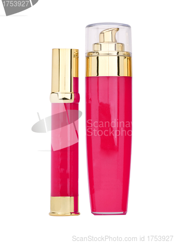 Image of pink bottle of perfume isolated on white