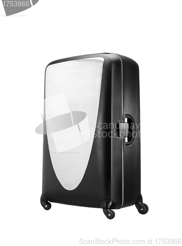 Image of Modern convenient suitcase on castors on a white background