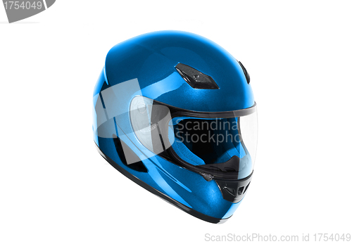 Image of blue, shiny motorcycle helmet Isolated on white background