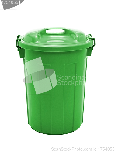 Image of A green plastic garbage bin isolated over white background