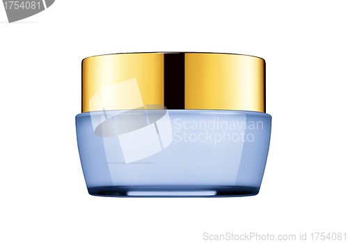 Image of tub with a face cream with a blue cover on a white background