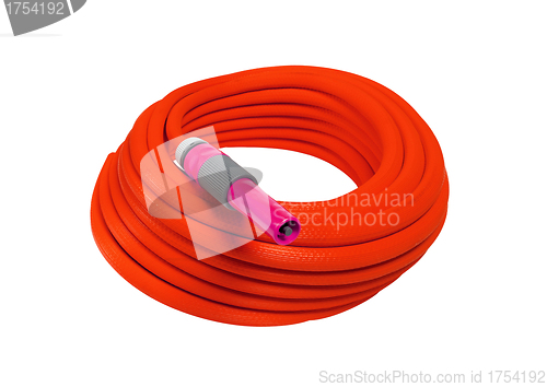 Image of red garden hose with nozzle