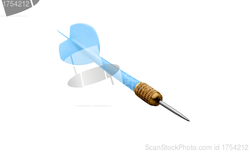 Image of Playing Dart with blue flight on white background.