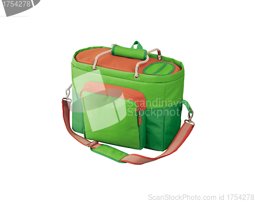 Image of green cooler bag with carrying strap isolated
