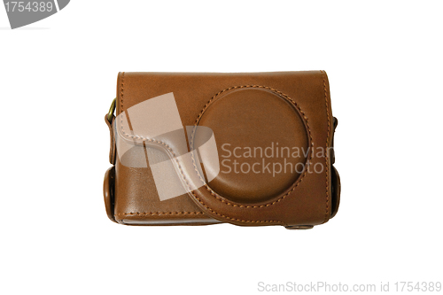 Image of Retro photo camera leather case isolated on white