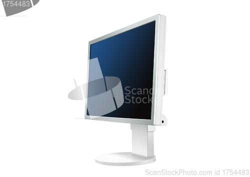 Image of white monitor on white with reflection displaying blue