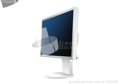 Image of white monitor on white with reflection displaying blue