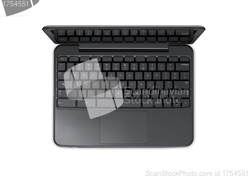 Image of Open black laptop computer, isolated on white background.