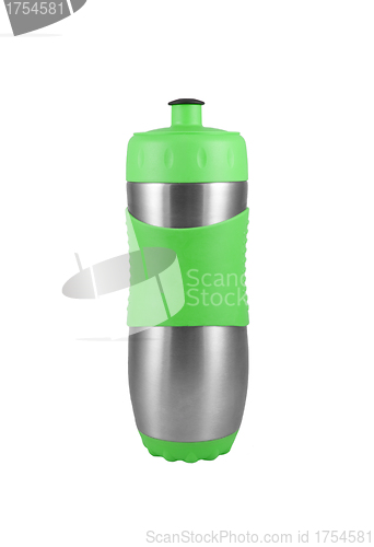 Image of Green metal camping water bottle isolated on white.