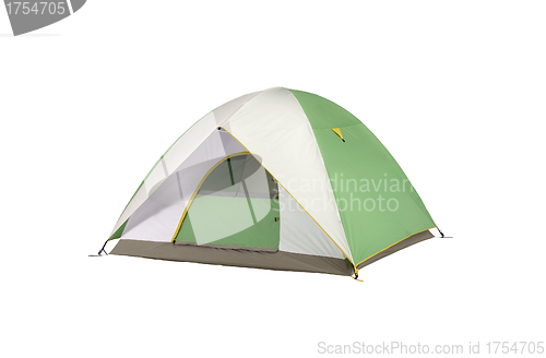 Image of an isolated camping tent green and white in a white background